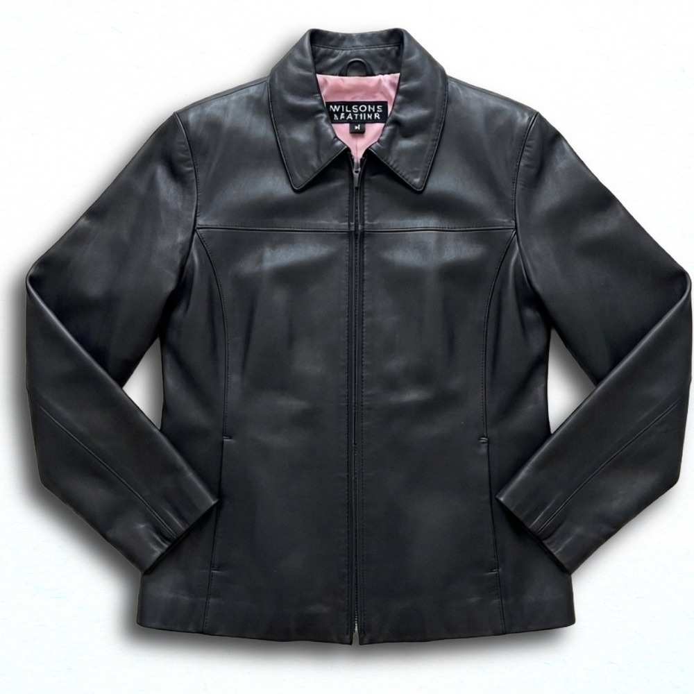 Wilsons Leather Maxima Black Genuine Leather Zip Front Jacket Pink Lining Medium